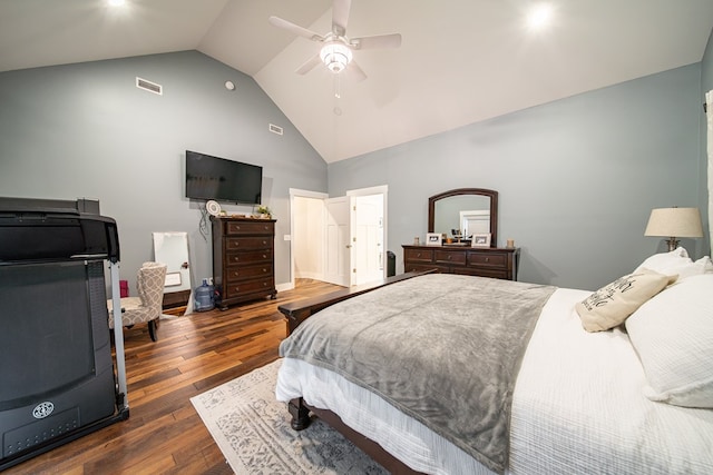 11602 Ga Highway 0085, Waverly Hall, GA 31831 - bedroom featuring dark wood finished floors, high vaulted ceiling, and a ceiling fan