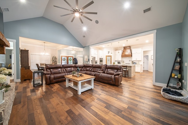 11602 Ga Highway 0085, Waverly Hall, GA 31831 - living area with ceiling fan, hardwood / wood-style flooring, high vaulted ceiling, and a chandelier