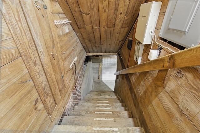 stairs with wooden ceiling and wood walls
