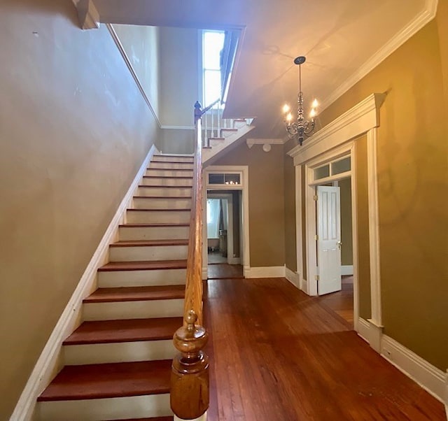 stairway with hardwood / wood-style flooring, an inviting chandelier, and ornamental molding
