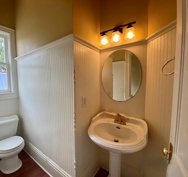 bathroom with hardwood / wood-style flooring and toilet