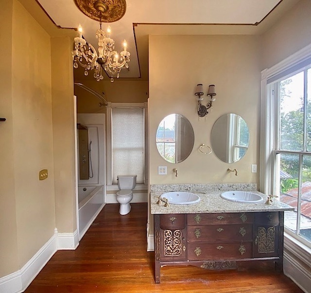 bathroom with hardwood / wood-style floors, vanity, toilet, and plenty of natural light