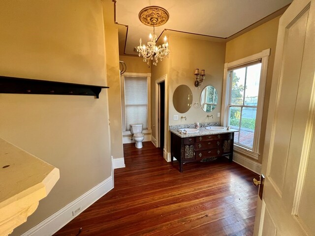 bathroom with hardwood / wood-style floors, a bidet, a chandelier, toilet, and vanity