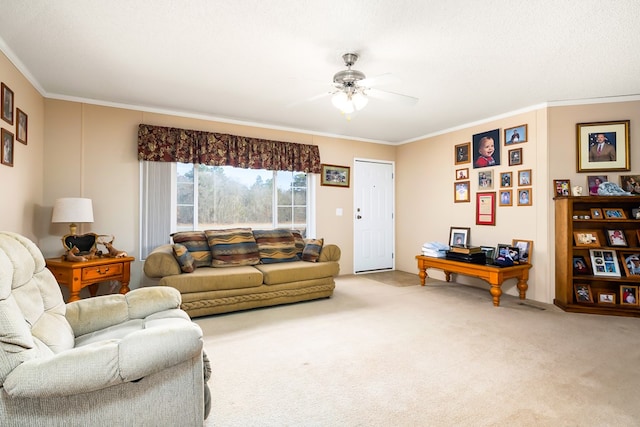 carpeted living room featuring ceiling fan and crown molding