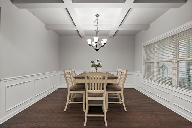 7546 Mockernut Way, Midland, GA 31820 - dining room featuring a chandelier, coffered ceiling, beamed ceiling, dark wood-style floors, and a decorative wall