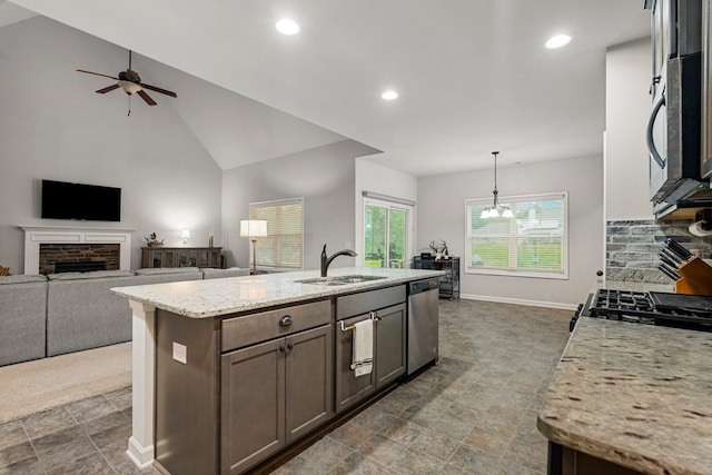 7546 Mockernut Way, Midland, GA 31820 - kitchen with a sink, stainless steel appliances, a ceiling fan, open floor plan, and recessed lighting