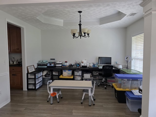10315 Whisper Glen Ct, Midland, GA 31820 - office with a raised ceiling, crown molding, a textured ceiling, wood finished floors, and a chandelier