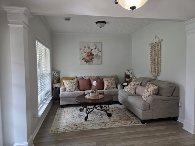 10315 Whisper Glen Ct, Midland, GA 31820 - living area with crown molding, ornate columns, wood finished floors, and baseboards