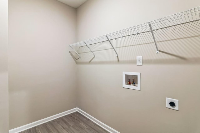 clothes washing area featuring washer hookup, electric dryer hookup, and hardwood / wood-style floors