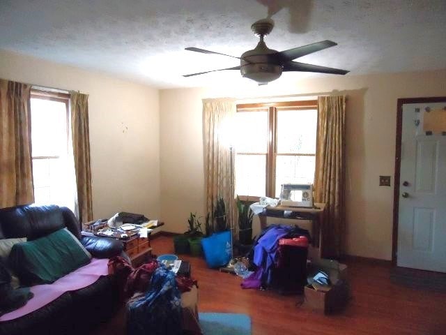 bedroom with wood finished floors and ceiling fan