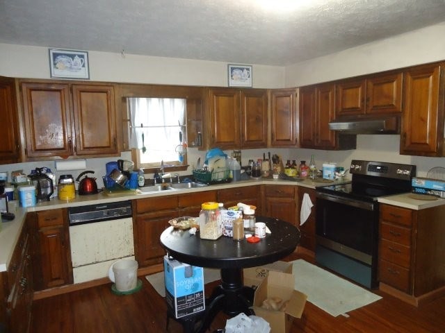 kitchen with white dishwasher, a sink, light countertops, under cabinet range hood, and range with electric stovetop