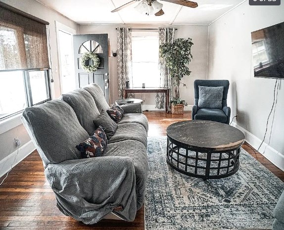 living room with wood finished floors, a ceiling fan, and baseboards