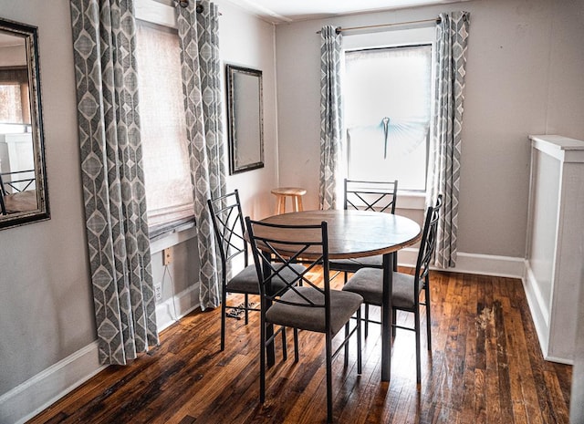 dining area with hardwood / wood-style floors and baseboards