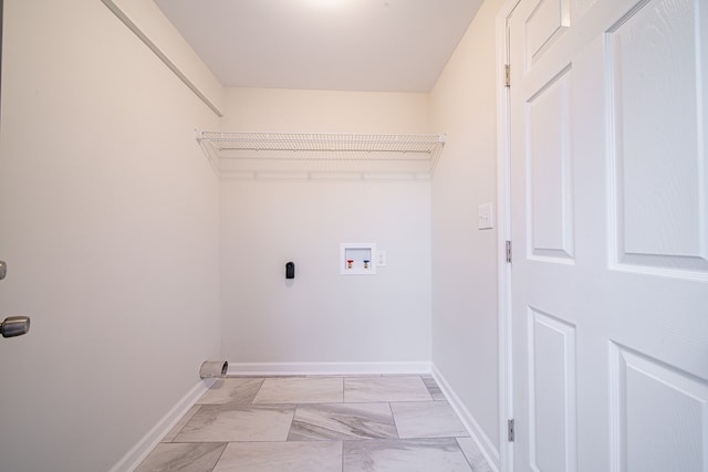 washroom featuring baseboards, laundry area, hookup for a washing machine, marble finish floor, and hookup for an electric dryer