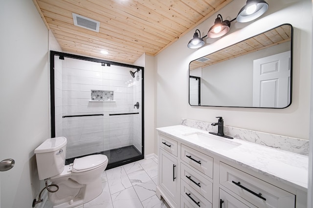 full bathroom with visible vents, wood ceiling, toilet, a stall shower, and marble finish floor