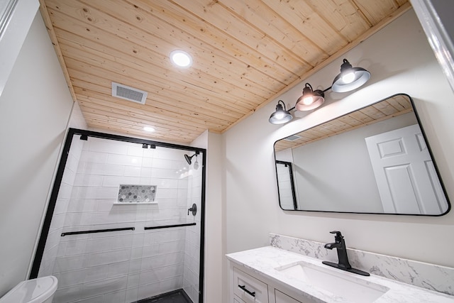 full bath with a stall shower, visible vents, toilet, and wooden ceiling