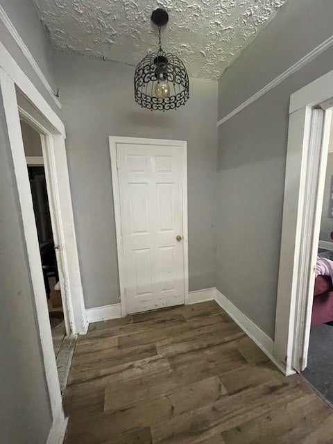 corridor featuring dark hardwood / wood-style flooring and a textured ceiling