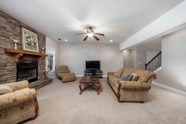 living area featuring recessed lighting, stairway, a fireplace, carpet flooring, and baseboards