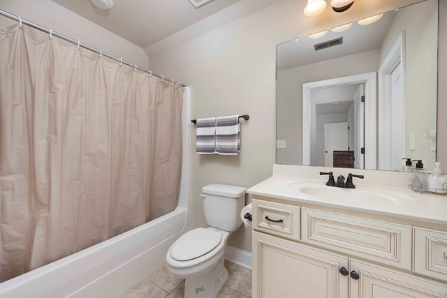 bathroom featuring tile patterned flooring, visible vents, toilet, shower / bath combination with curtain, and vanity