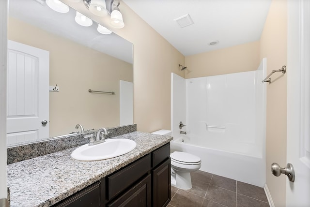 full bathroom with toilet, tile patterned floors, visible vents, bathing tub / shower combination, and vanity