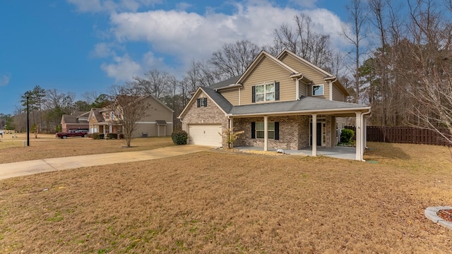 view of front facade featuring brick siding, concrete driveway, a front lawn, and a garage