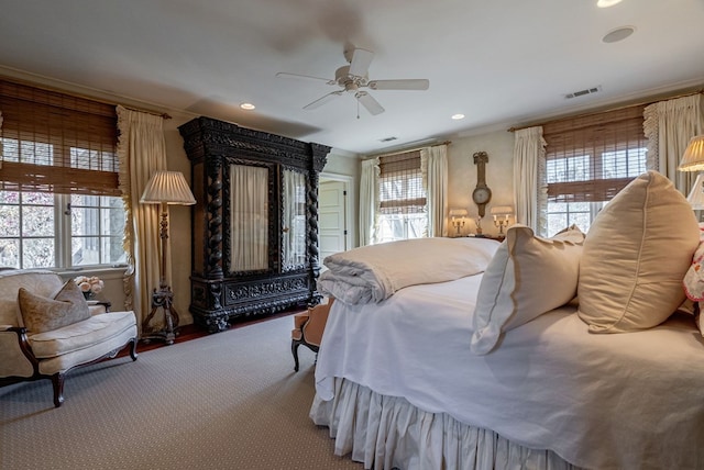 bedroom featuring access to outside, ceiling fan, crown molding, and carpet floors