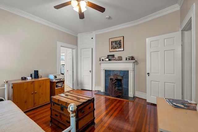 1809 Carter Ave, Columbus, GA 31906 - bedroom featuring a tile fireplace, ornamental molding, wood finished floors, and ceiling fan