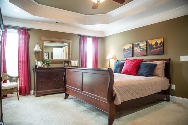 93 Pebble Ct, Smiths Station, AL 36877 - carpeted bedroom featuring ornamental molding, multiple windows, a raised ceiling, recessed lighting, and a ceiling fan