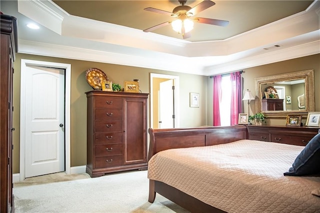 93 Pebble Ct, Smiths Station, AL 36877 - bedroom with a raised ceiling, crown molding, light colored carpet, and ceiling fan