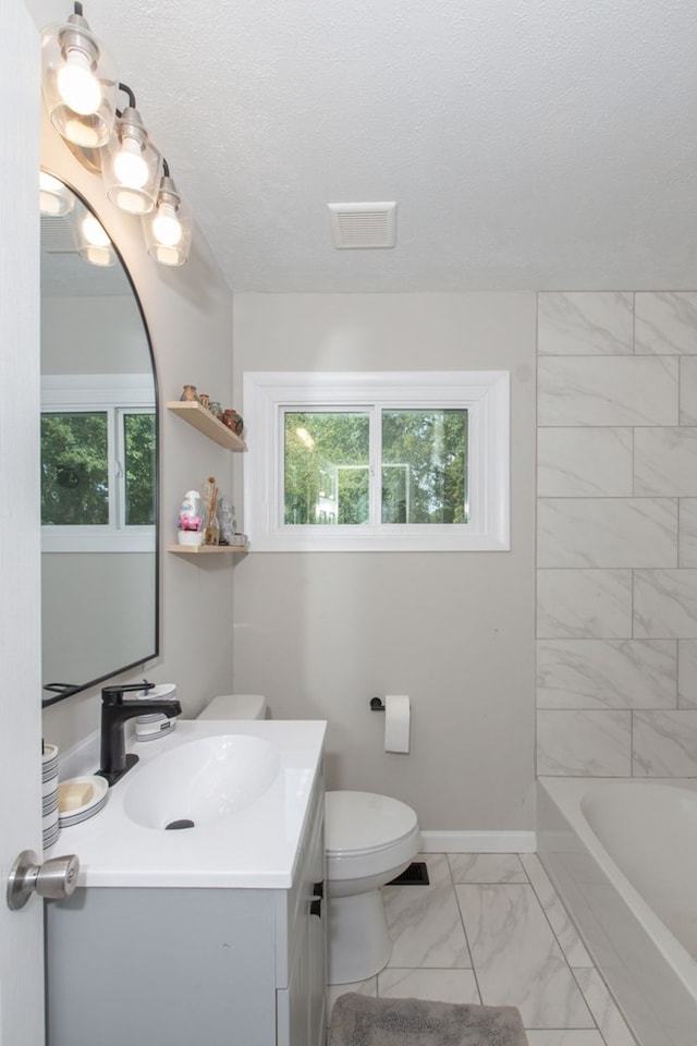 full bathroom with plenty of natural light, vanity, bathtub / shower combination, and toilet