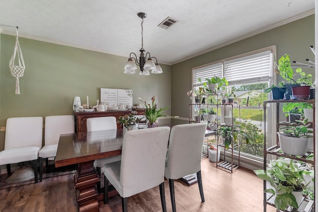5936 Manassas Dr, Columbus, GA 31909 - dining room featuring a chandelier, wood finished floors, crown molding, and a textured ceiling