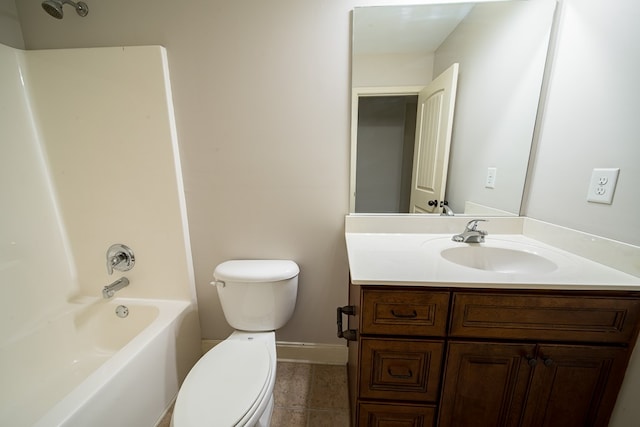 full bathroom with toilet, shower / tub combination, vanity, and tile patterned floors