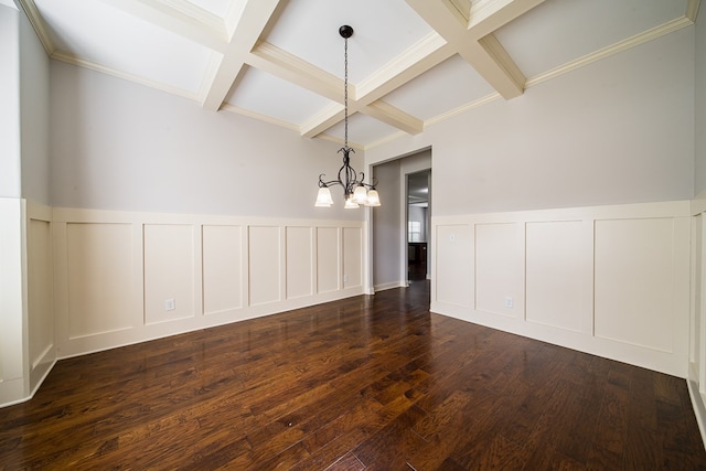 unfurnished dining area featuring a notable chandelier, beam ceiling, dark hardwood / wood-style flooring, and coffered ceiling