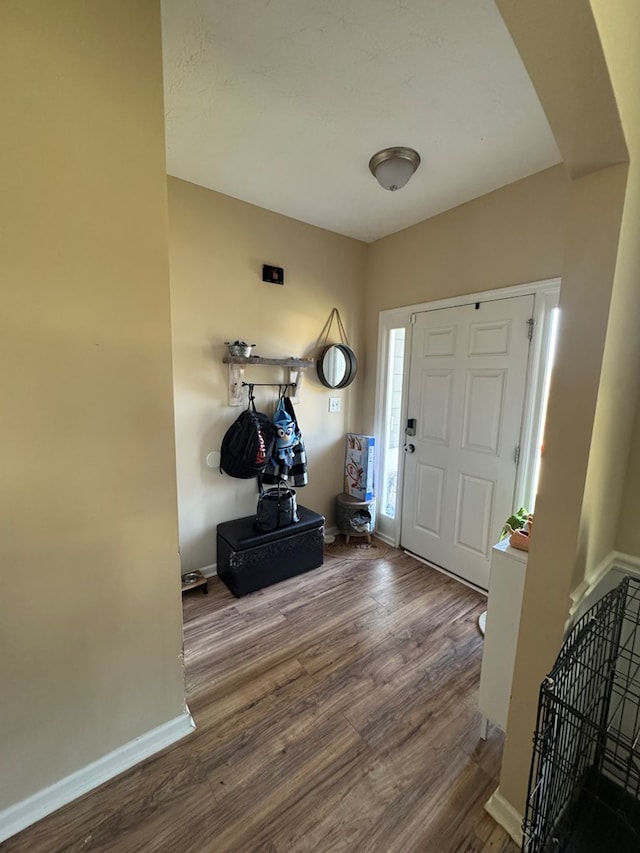 foyer featuring wood finished floors and baseboards