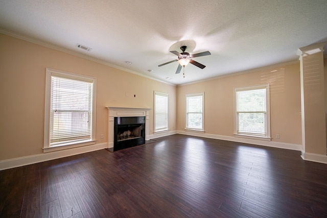 235 Pebblebrook Ln, Columbus, GA 31904 - unfurnished living room featuring ceiling fan, dark wood-type flooring, ornamental molding, and a fireplace