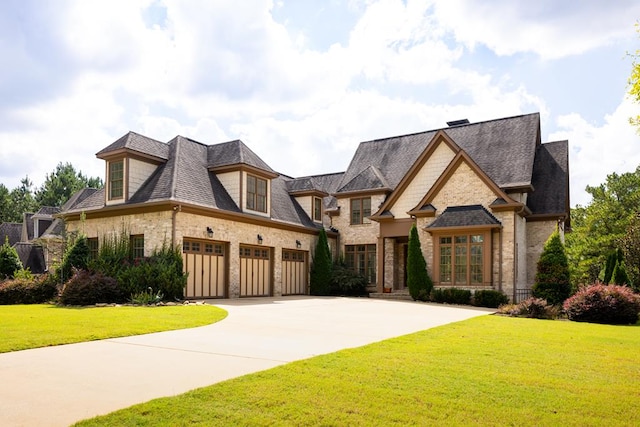 french provincial home with a front yard and a garage