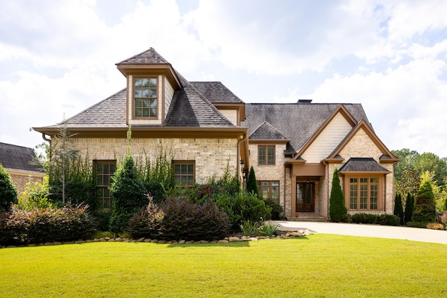 french country inspired facade featuring a front lawn