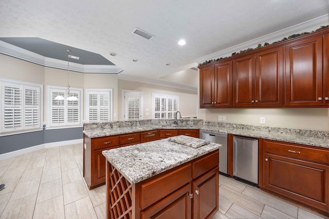 8758 Ga Highway 0315, Cataula, GA 31804 - kitchen featuring dishwasher, a sink, crown molding, a peninsula, and a chandelier