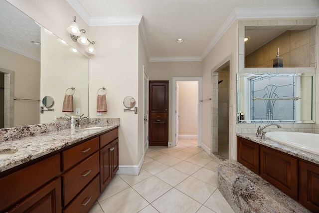 8758 Ga Highway 0315, Cataula, GA 31804 - full bathroom with a tile shower, a garden tub, tile patterned flooring, double vanity, and ornamental molding