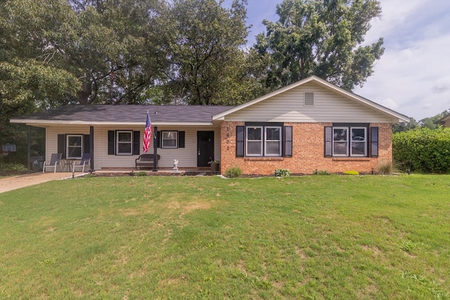 single story home with a porch and a front lawn