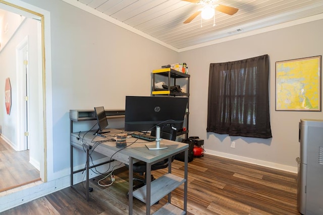 office area featuring dark hardwood / wood-style floors, ceiling fan, ornamental molding, and wooden ceiling