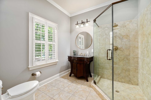 bathroom featuring tile patterned floors, ornamental molding, vanity, toilet, and a shower with shower door