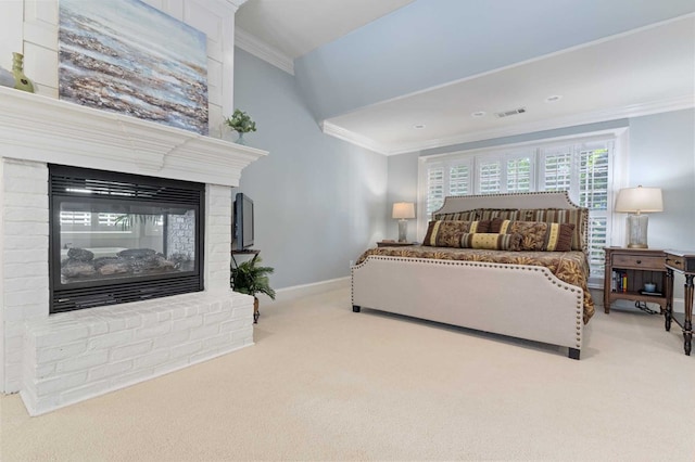 bedroom with light carpet, a fireplace, and ornamental molding