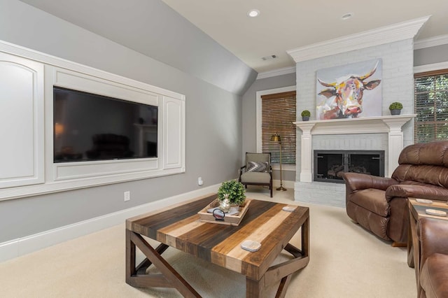 living room featuring light carpet, ornamental molding, and a brick fireplace