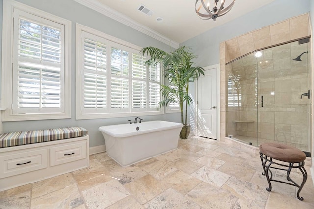 bathroom featuring plenty of natural light, independent shower and bath, and ornamental molding