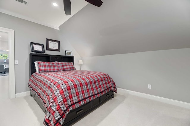 carpeted bedroom featuring ceiling fan and lofted ceiling