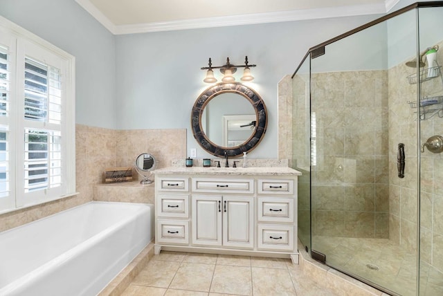 bathroom with separate shower and tub, crown molding, tile patterned flooring, and vanity