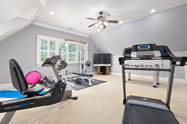 workout area with carpet flooring, crown molding, ceiling fan, and lofted ceiling