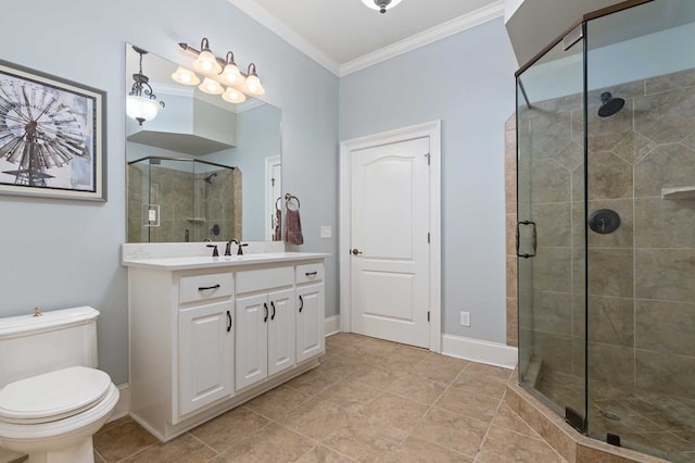 bathroom with tile patterned floors, walk in shower, ornamental molding, vanity, and toilet