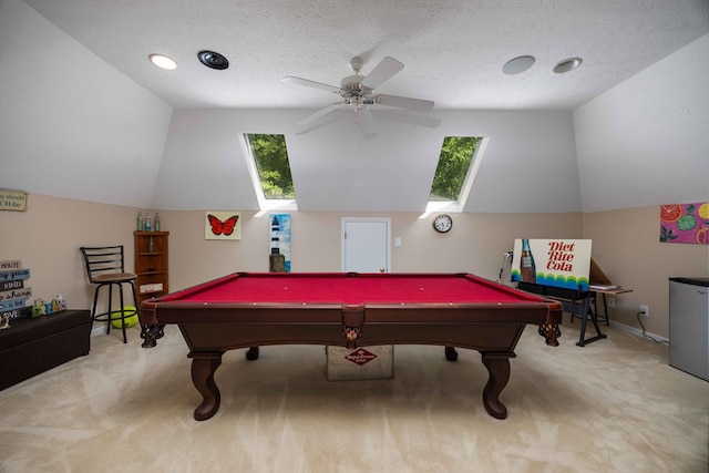 12225 County Line Rd, Midland, GA 31820 - playroom with carpet floors, pool table, a ceiling fan, vaulted ceiling, and a textured ceiling